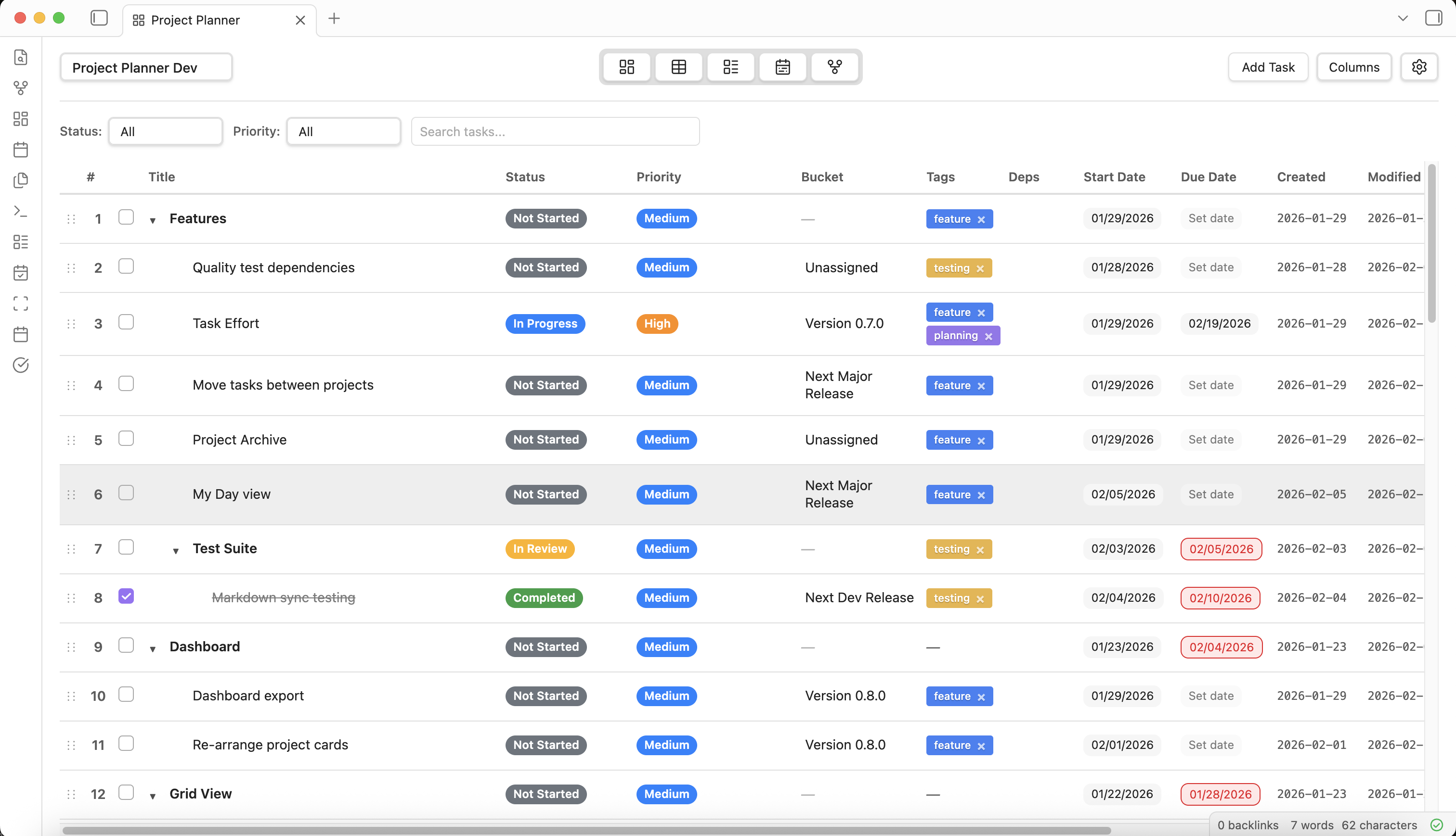 Project Planner Grid View