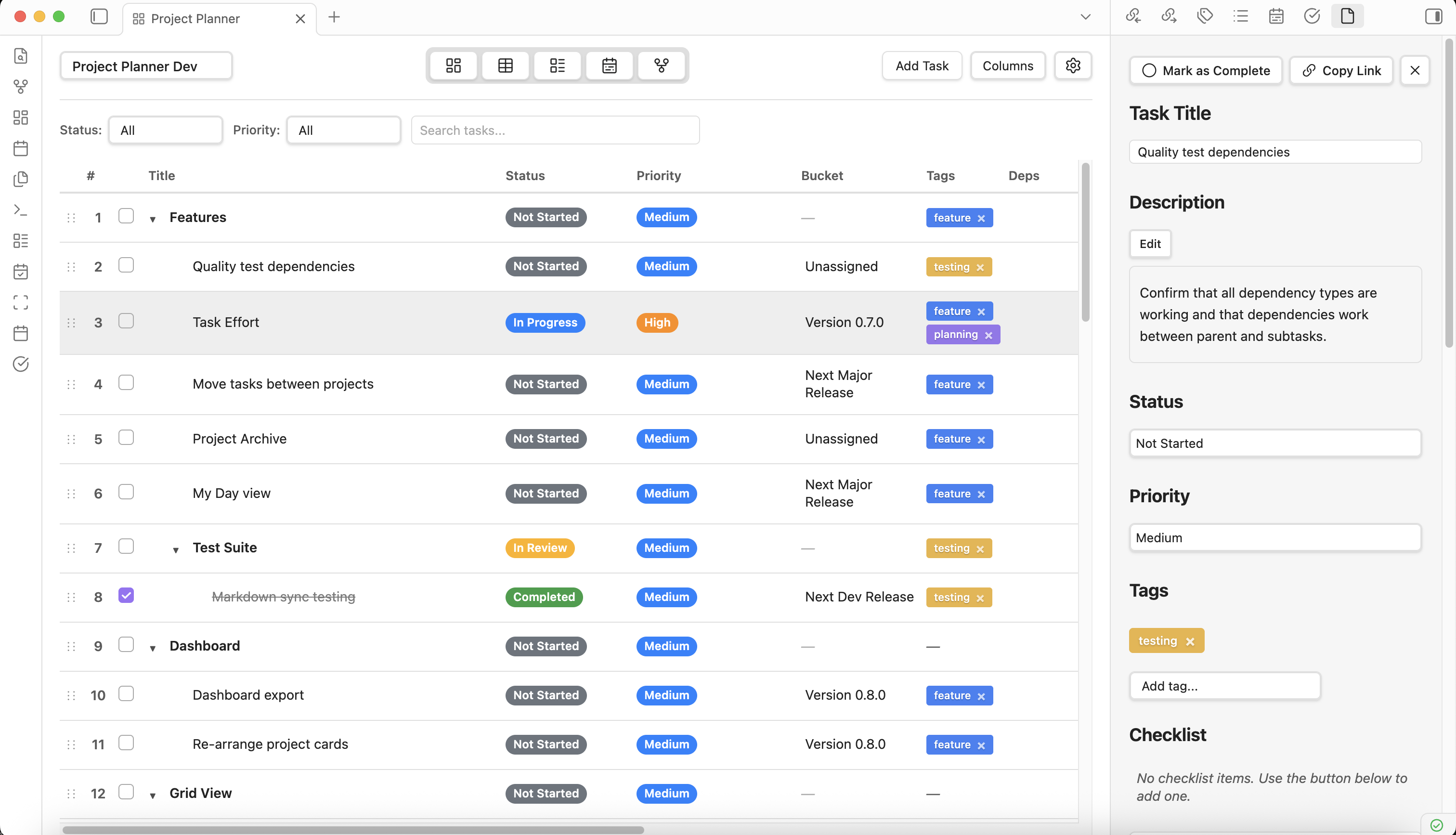 Project Planner Task Details Panel